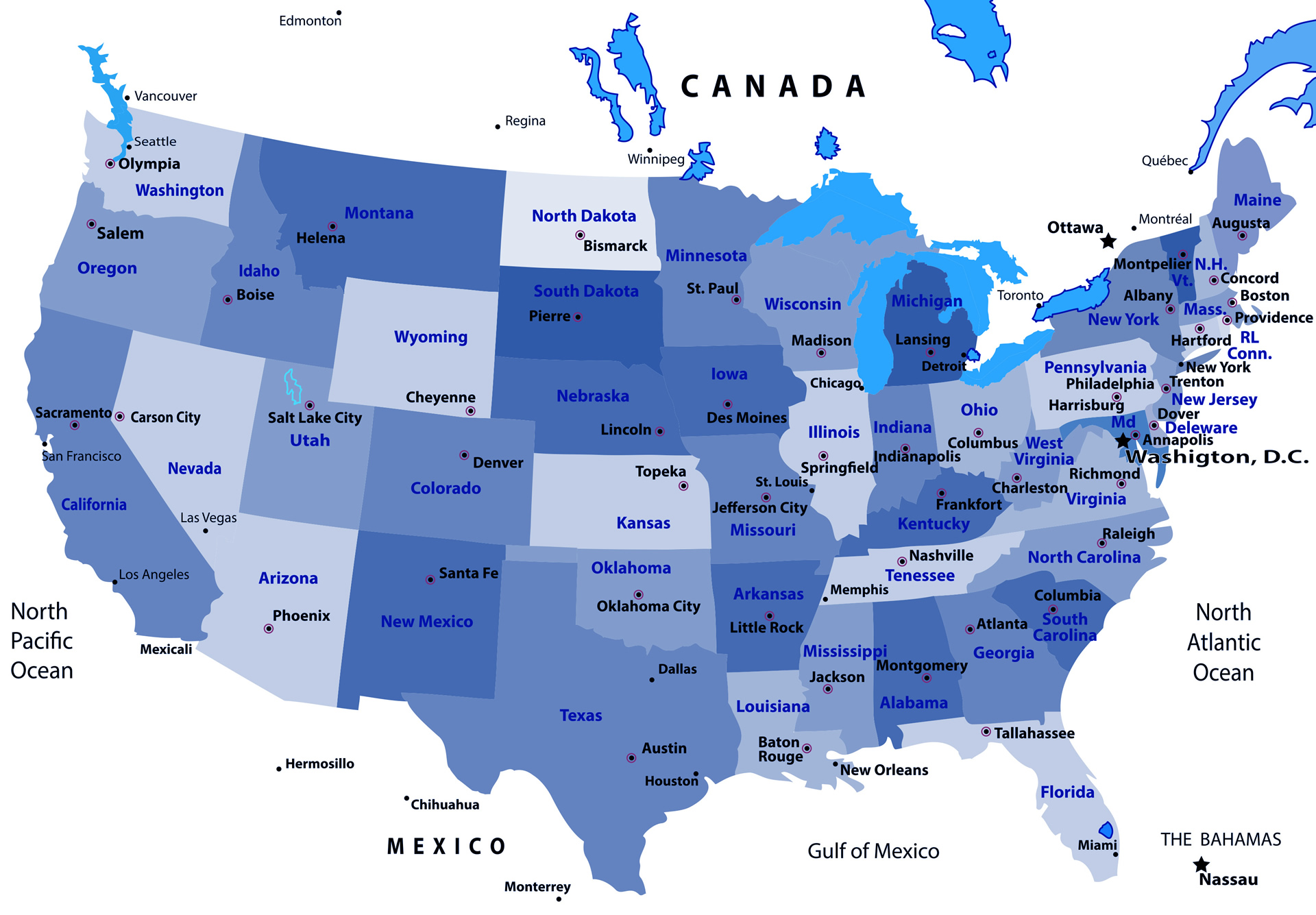 USA States Capital and Main Cities Map